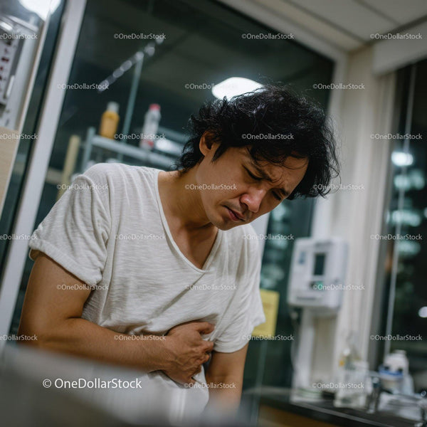 Young Man Suffering from Stomach Ache in Indoor Scene