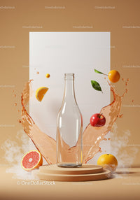 Clear Glass Bottle with Splashing Citrus and Fruit Elements