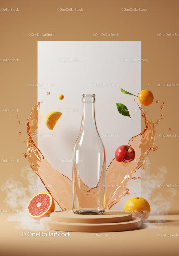 Clear Glass Bottle with Splashing Citrus and Fruit Elements