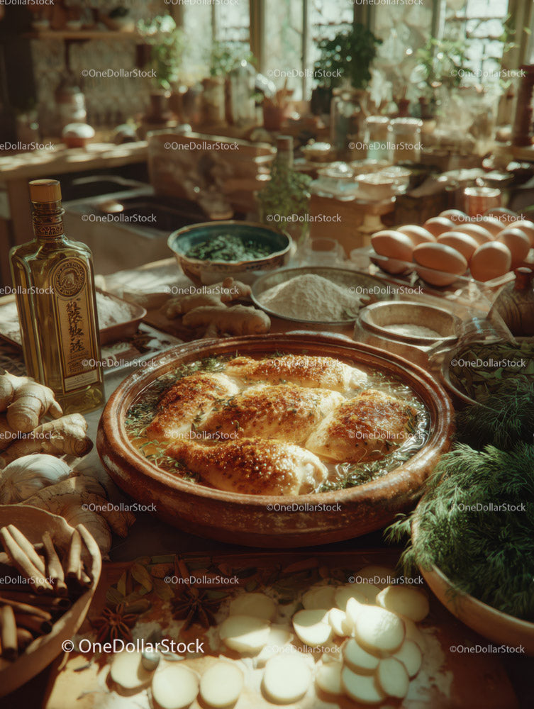 Rustic Kitchen with Baked Chicken and Fresh Ingredients for Delicious Meal