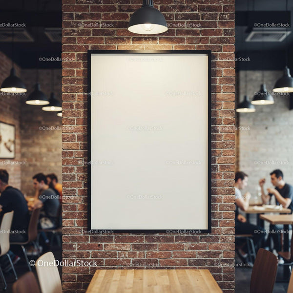 Blank poster on brick wall in cozy cafe interior JPG Mockup Image