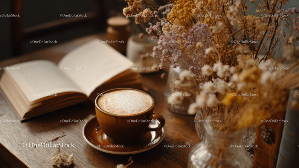 Rustic Coffee and Dried Flower Arrangement in Cozy Workspace