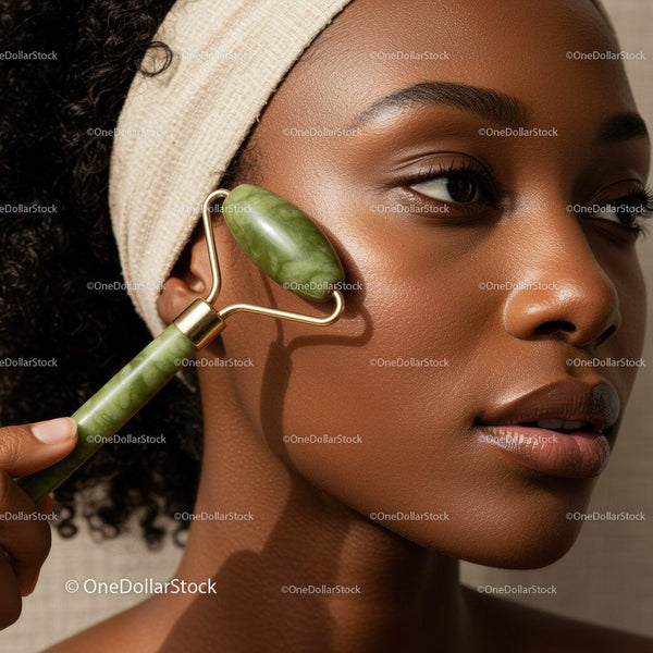 Young African Woman Using Jade Facial Roller for Skin Rejuvenation
