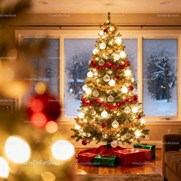 Cozy living room with beautifully decorated Christmas tree