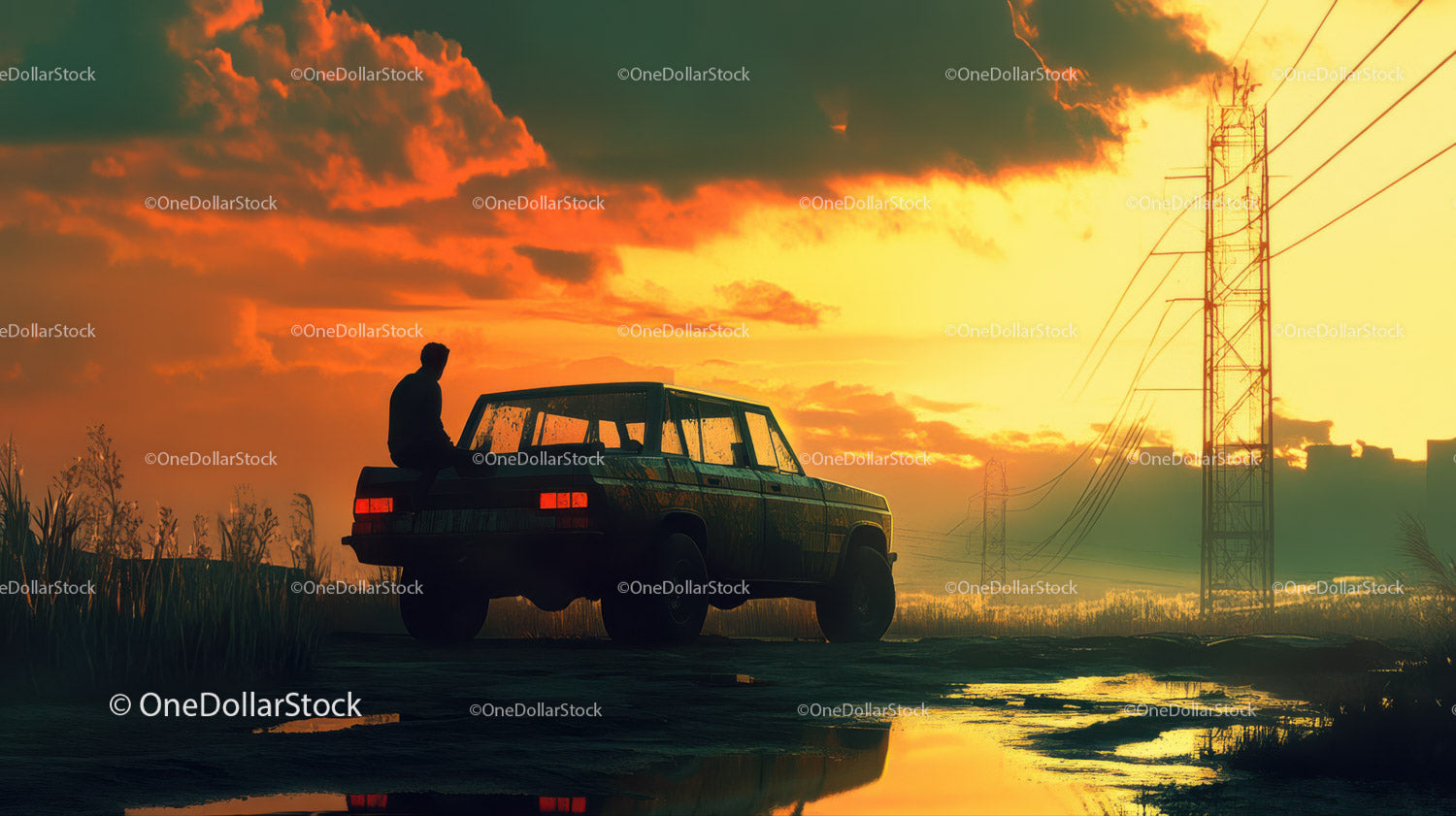 Silhouette of Man Sitting on Car Against Vibrant Sunset Sky