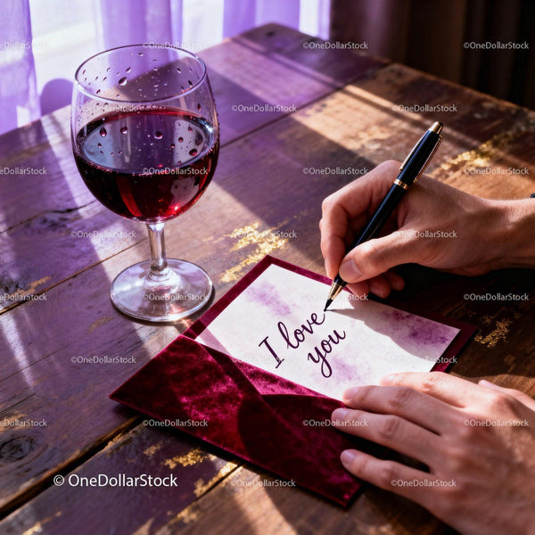 Handwriting a Romantic Love Note with Red Wine Closeup