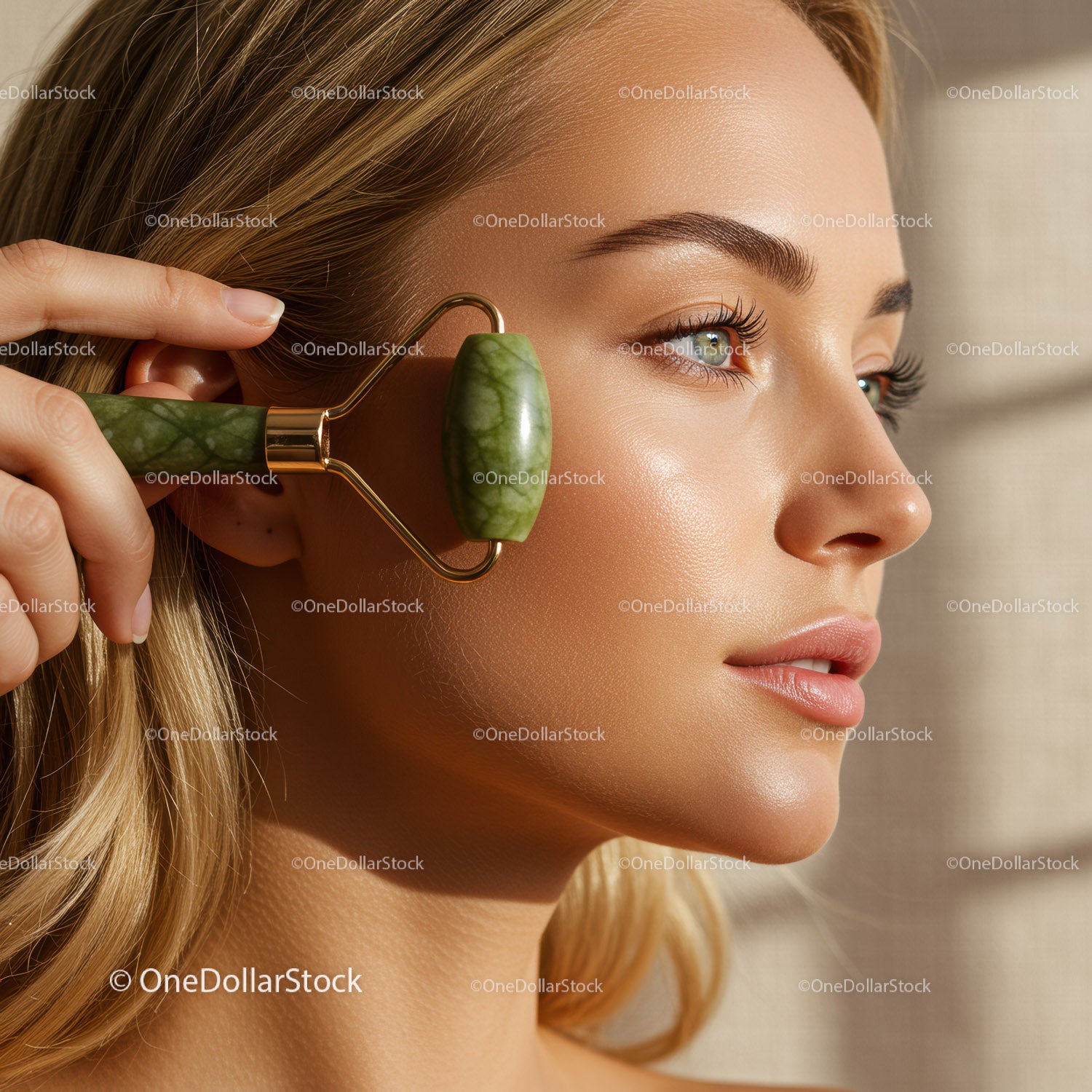 Woman Using Jade Roller for Face Skin Care and Rejuvenation