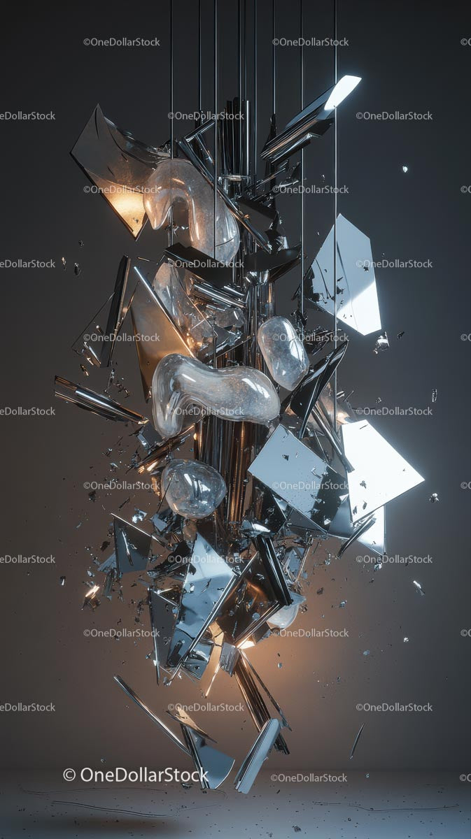 Abstract Broken Glass and Metal Sculpture with Reflections