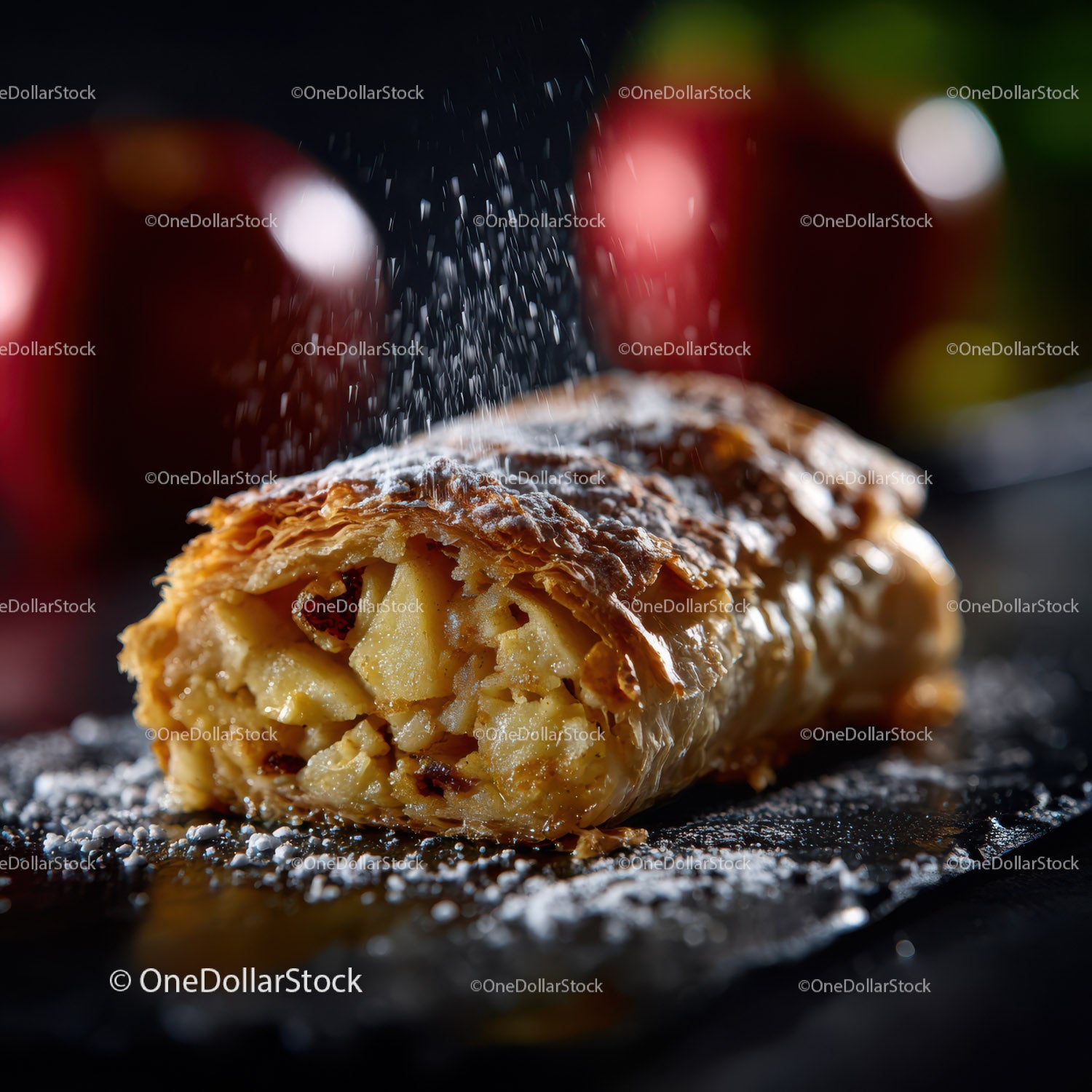 Fresh Apple Strudel with Flaky Pastry and Powdered Sugar