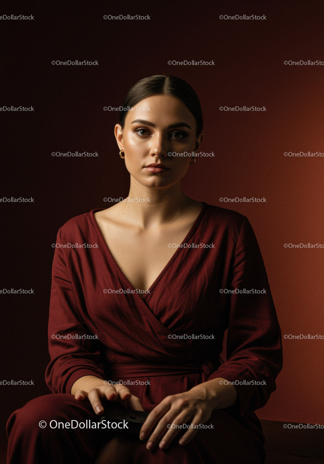 Elegant Woman in Deep Red Dress Portrait with Modern Style