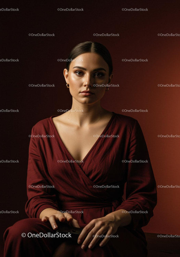 Elegancki Portret Kobiety w Głębokiej Czerwonej Sukience z Nowoczesnym Stylem