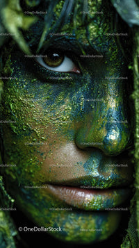 Close-up of a Person with Green Glitter and Nature-inspired Face Art
