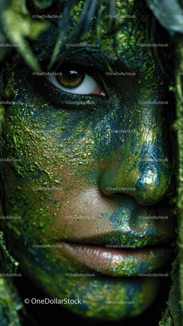 Close-up of a Person with Green Glitter and Nature-inspired Face Art