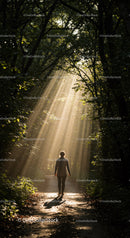 Person walking through forest bathed in morning light