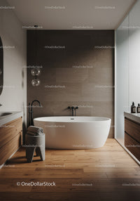 Modern Bathroom with Freestanding Bathtub and Wooden Floor