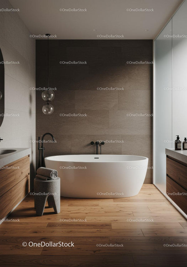 Modern Bathroom with Freestanding Bathtub and Wooden Floor