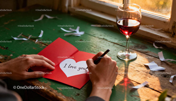 Writing a heartfelt love note by warm window light