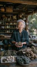 Elderly Woman With Mushrooms in Rustic Country Kitchen