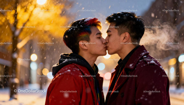 Young couple sharing a tender kiss on snowy evening