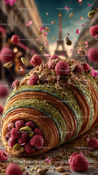 Decorative Raspberry and Pistachio Nut Layered Pastry with Fruit Topping