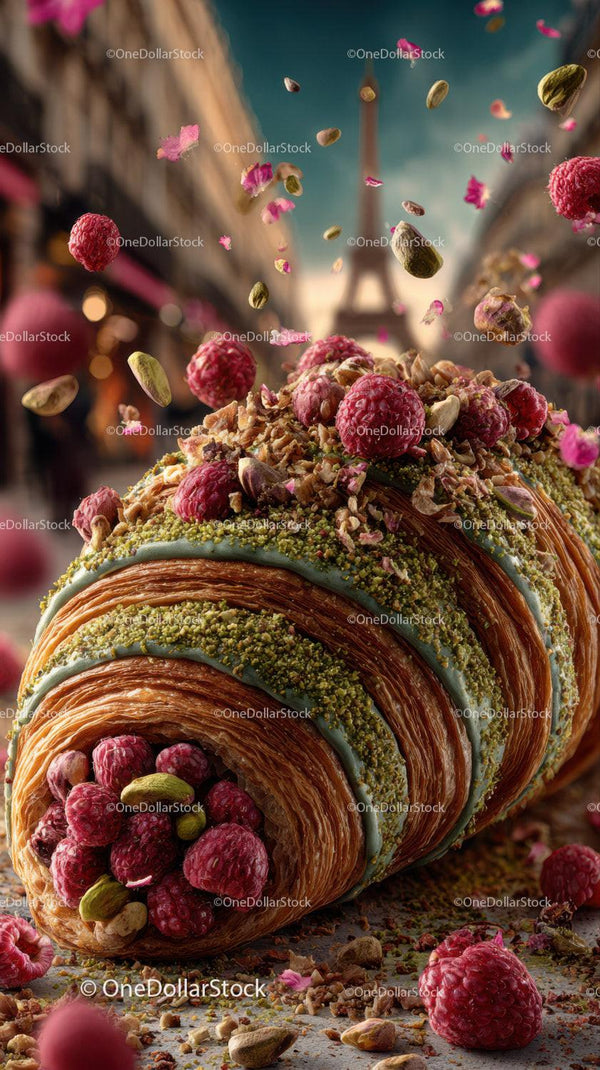 Decorative Raspberry and Pistachio Nut Layered Pastry with Fruit Topping