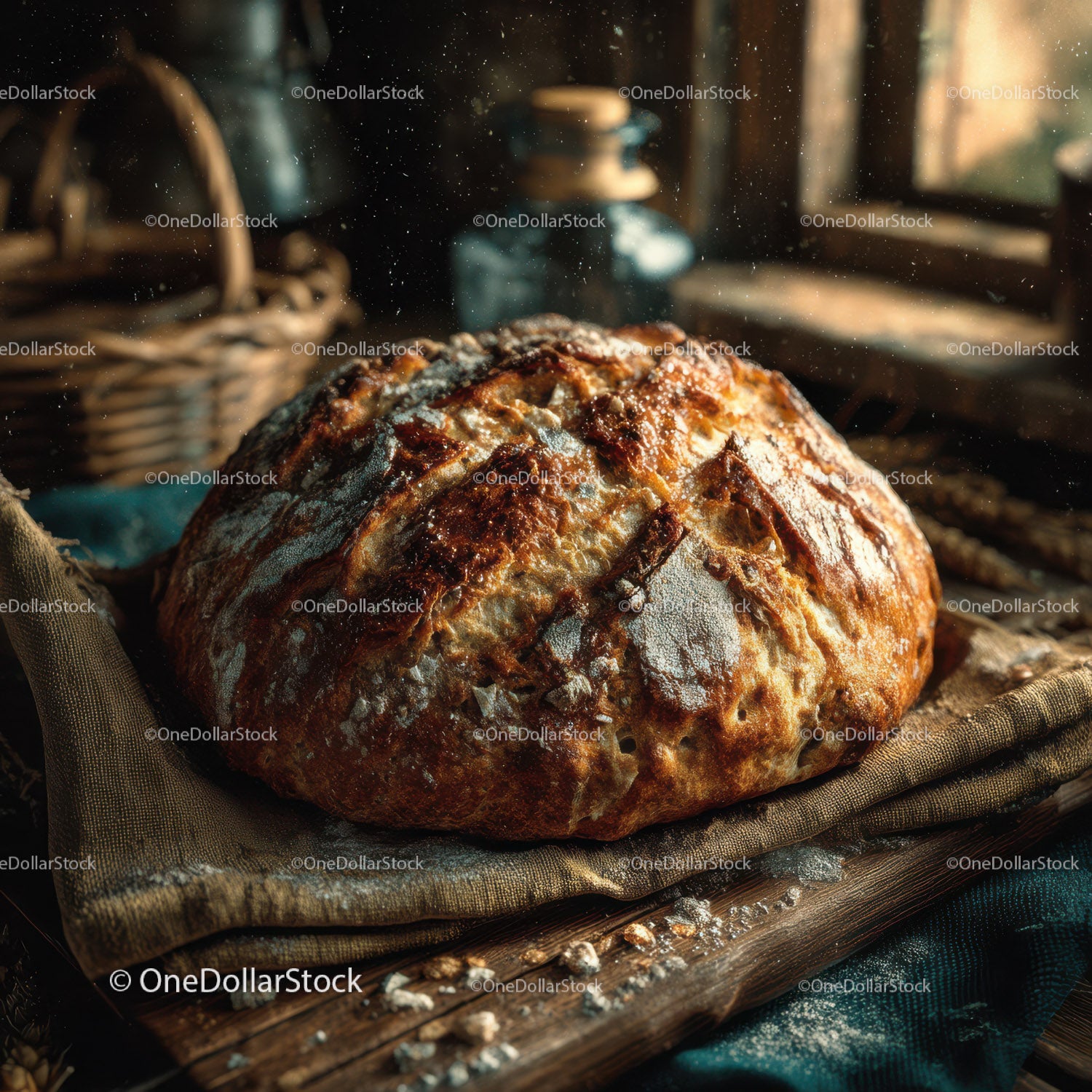 Rustic Crusty Artisan Bread on Wooden Board