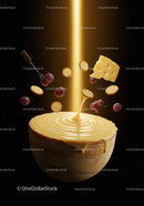 Creamy fondue bowl with floating grapes and crackers