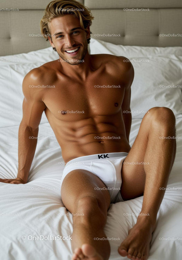 Smiling young man relaxing on bed in white briefs