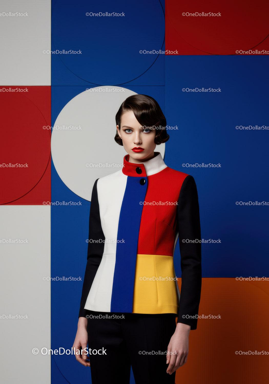Woman in Color Block Jacket Against Geometric Background