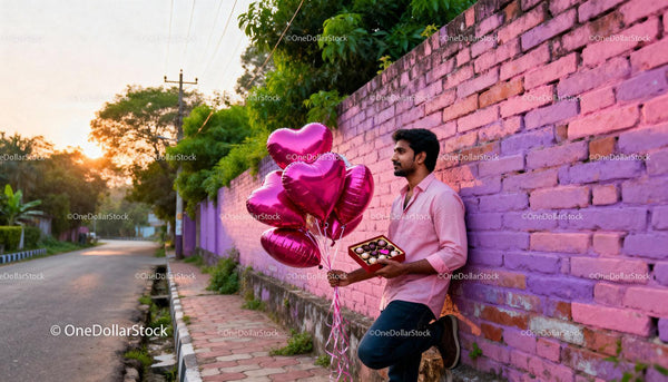 Man Holding Heart Balloons and Chocolates at Sunset