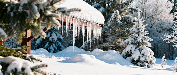 Snow-covered trees and icicles on wooden canopy in winter