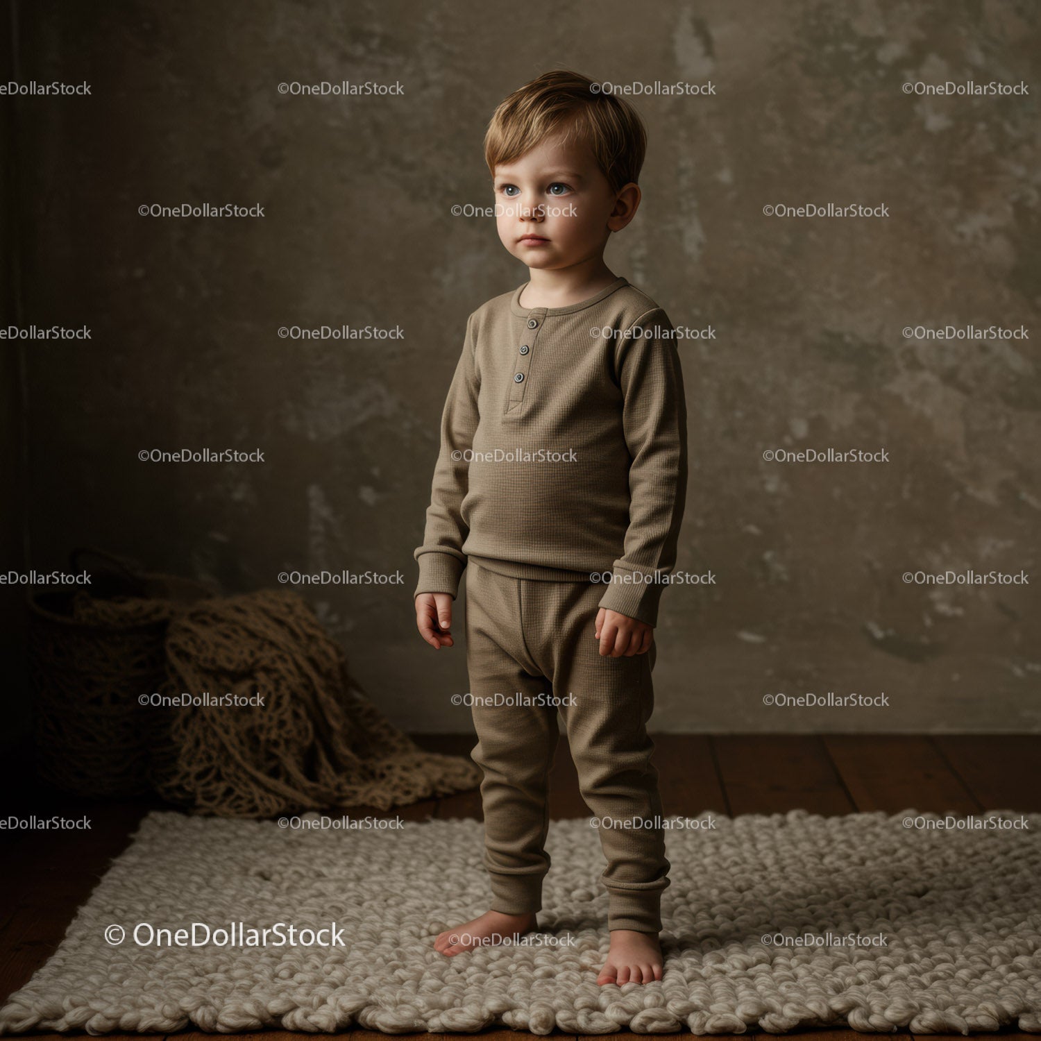 Thoughtful toddler standing barefoot on soft rug indoors