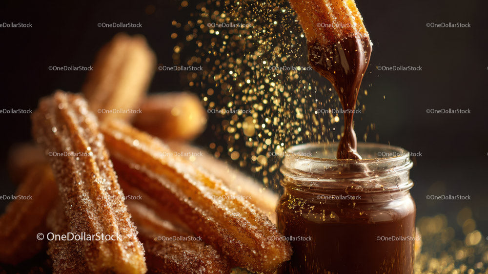 Churros with Chocolate and Caramel Sauce on Dark Background