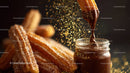 Churros with Chocolate and Caramel Sauce on Dark Background
