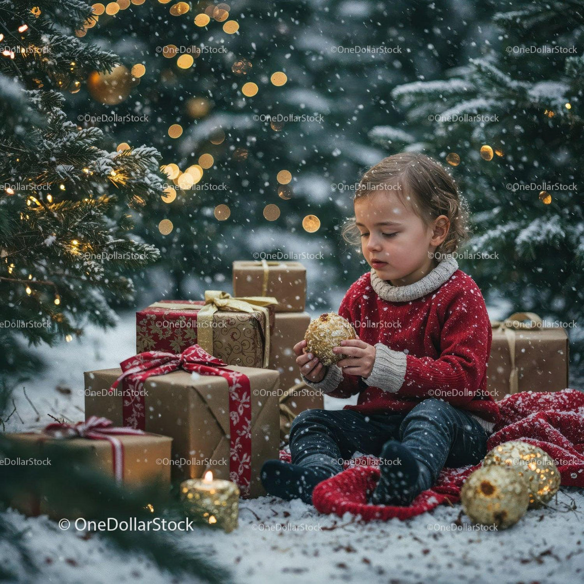 Child Sitting in Snow with Christmas Gifts and Decorations