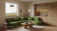 Cozy living room with green sofa and scenic window view