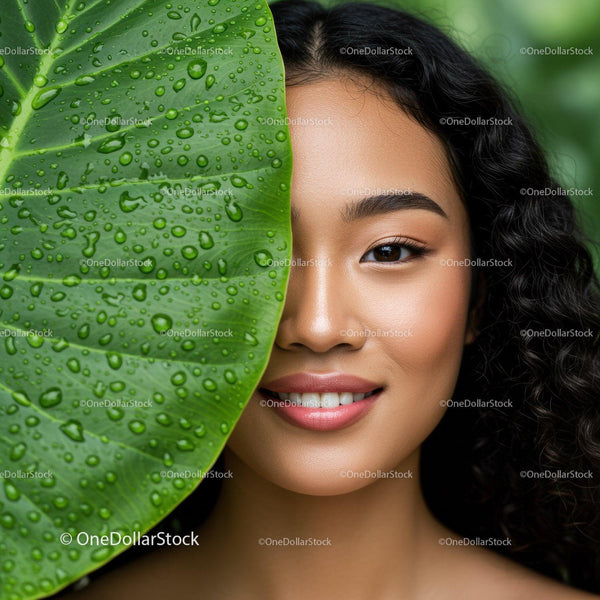 Close-Up of Smiling Woman with Curly Hair Behind Large Green Leaf with Water Drops