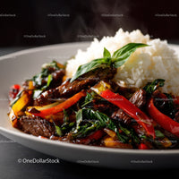 Stir-Fried Beef with Bell Peppers and Fresh Basil on a White Plate