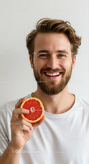 Smiling Man Holding Fresh Grapefruit in Bright Portrait