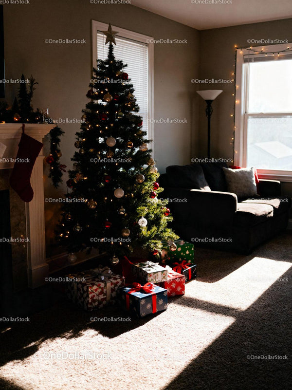 Cozy Living Room with Christmas Tree and Wrapped Gifts