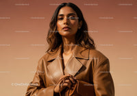 Fashionable Woman in Beige Leather Jacket Outdoors During Sunset