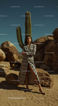 Elegant Model in Brown Suit Posing Amidst Desert Rocks