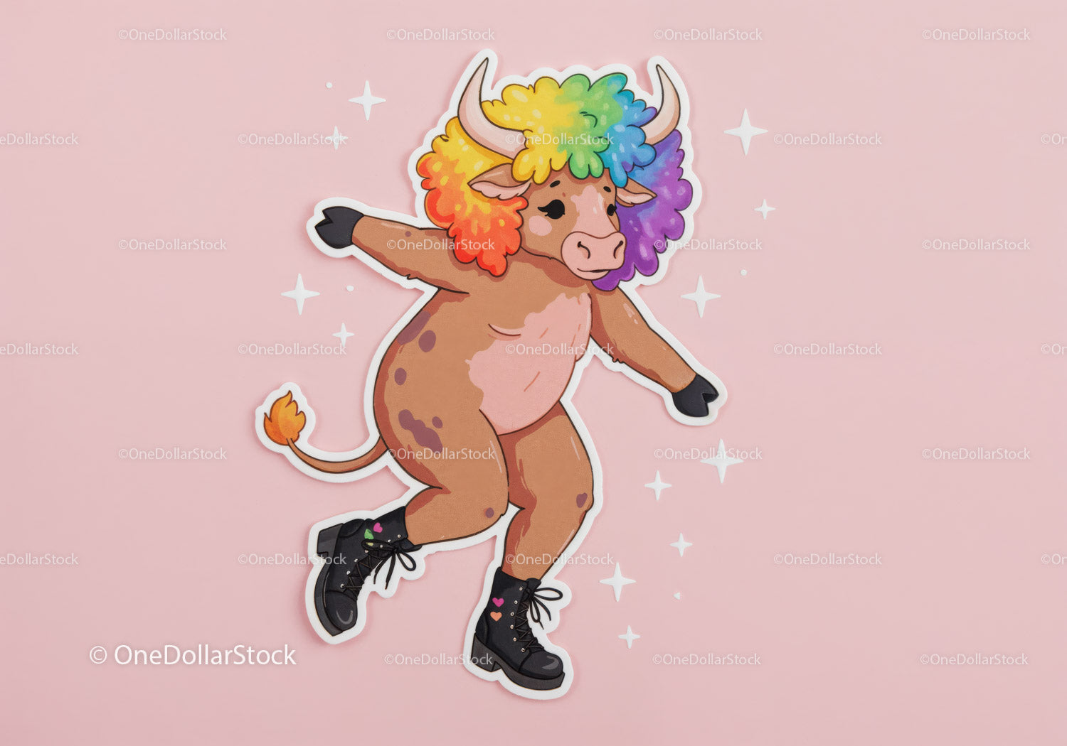 Colorful Cartoon Bull with Rainbow Hair in Funky Streetwear