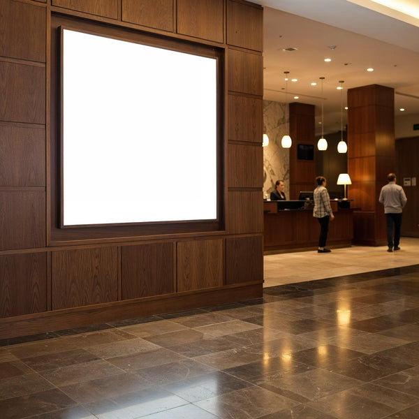 Modern hotel lobby with illuminated blank signboard JPG Mockup Image
