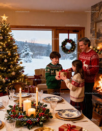 Family Exchanging Christmas Gifts in Cozy Living Room