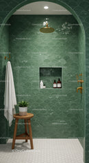 Modern green tiled shower with wooden stool and plant