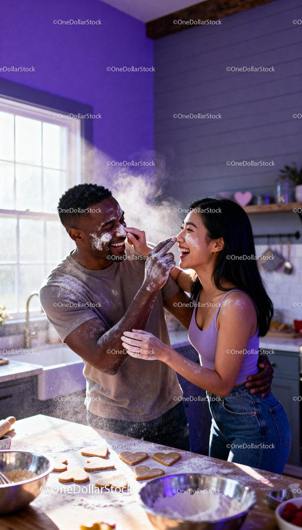 Couple Playfully Baking Heart Cookies Together