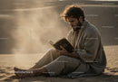 Young Man Reading Book on Sand Dune in Desert at Sunset