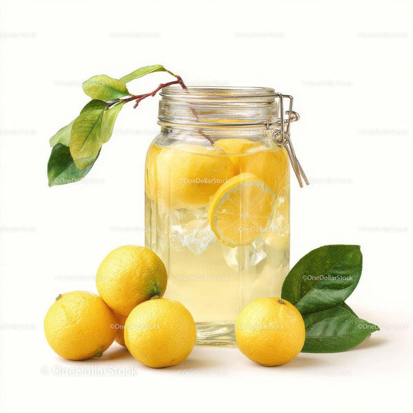 Refreshing Lemonade in a Jar with Fresh Lemons and Green Leaves