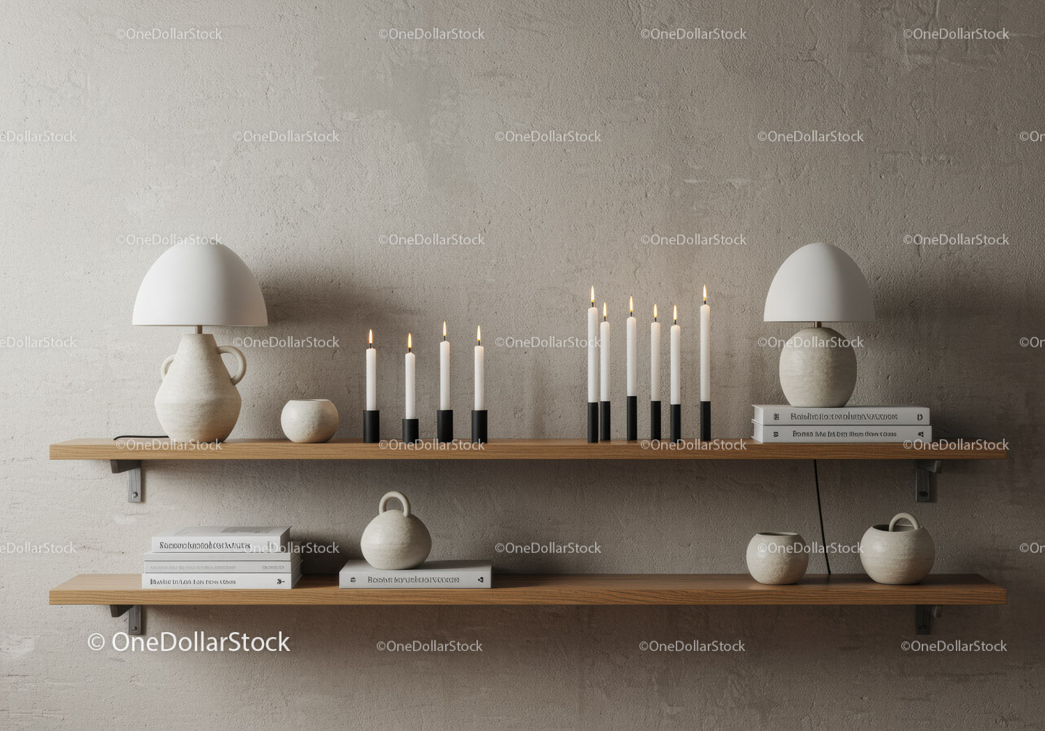 Minimalist shelves with candles and modern ceramic decor